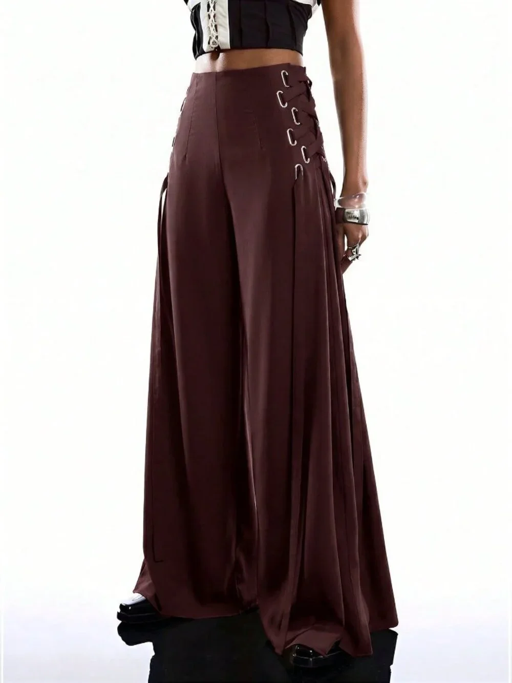 Brown Elegant Women's Drawstring Culotte Pants - Picture 4 of 6